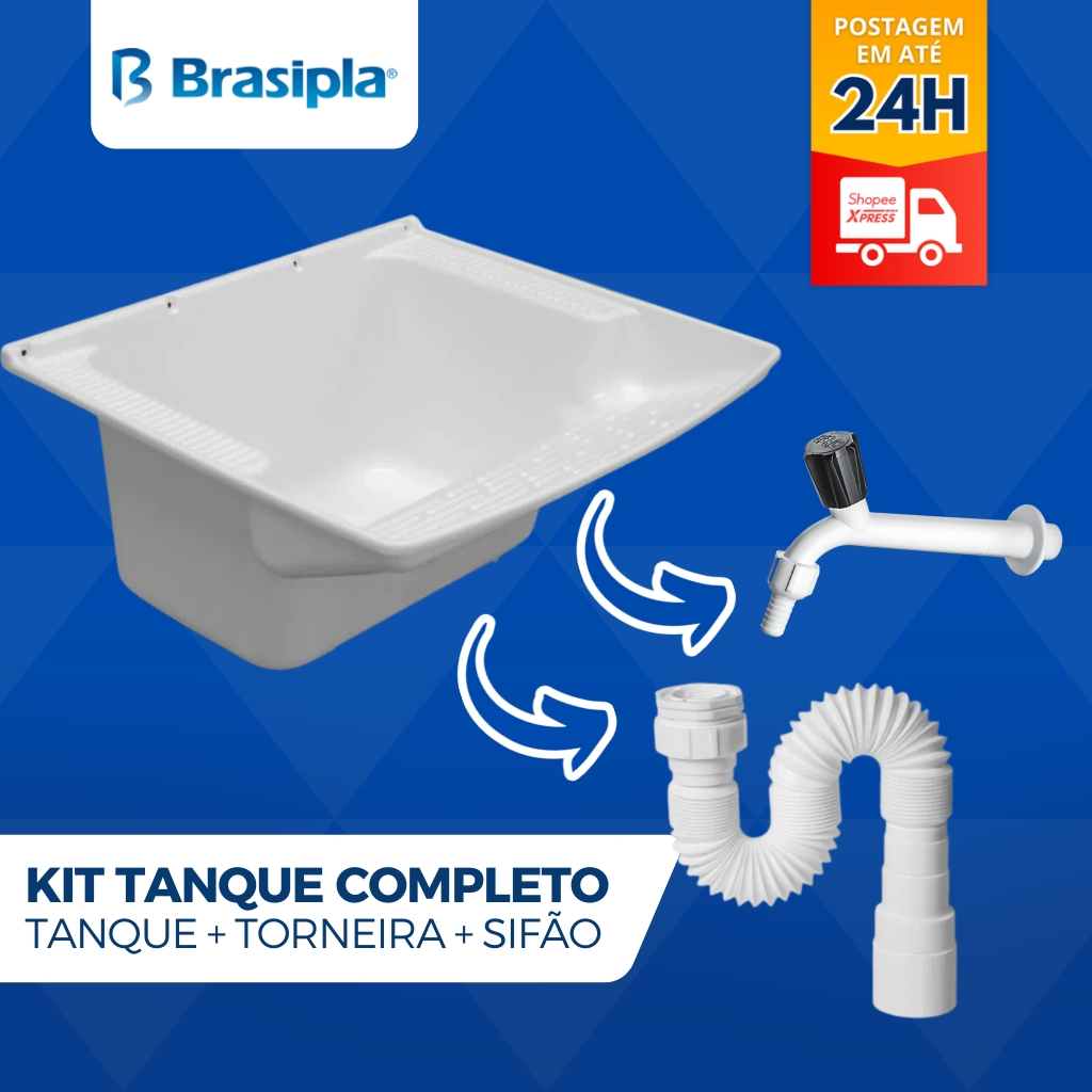 Tanque Plástico Branco 28 Litros Brasipla + Torneira Tanque/Jardim + Sifão Longo 1,20m