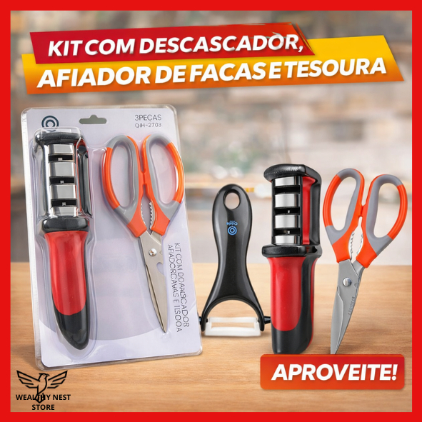 Kit Cozinha 3 em 1 Multiuso Profissional OIH-2703 Com Tesoura Descascador Amolador de Facas Afiador Manual Inox