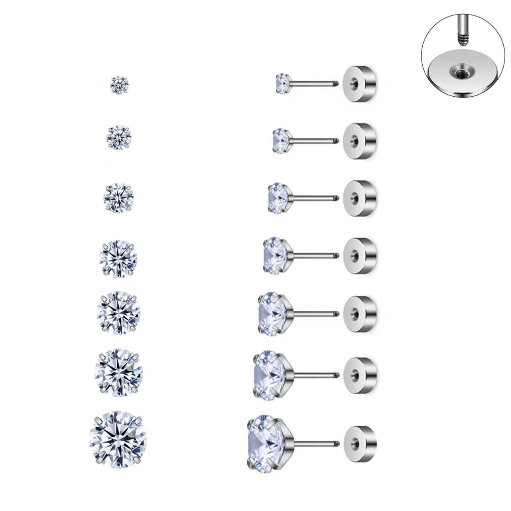 Piercings de Aço Inoxidável 316L com Pedra de Vidro Rosca Externa 20G para Labret, Orelha, Tragus, Hélice e Cartilagem
