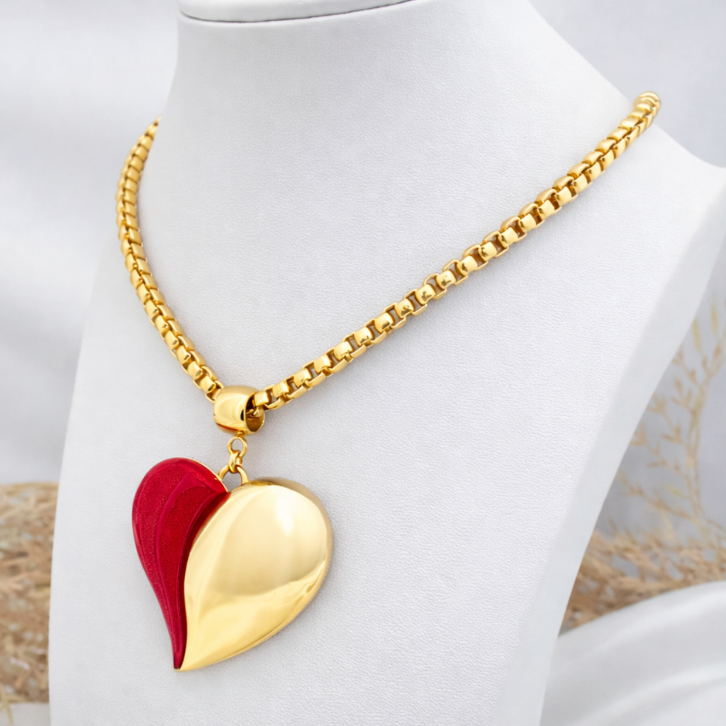 Colar Feminino Corrente Grossa Pingente Coração Vermelho Dourado Semijoia