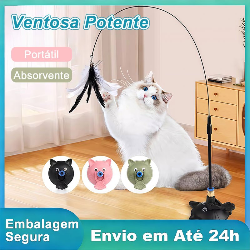Brinquedo para Gatos Cat Teaser Ventosa Fixa Forte Penas Sinos Interativo