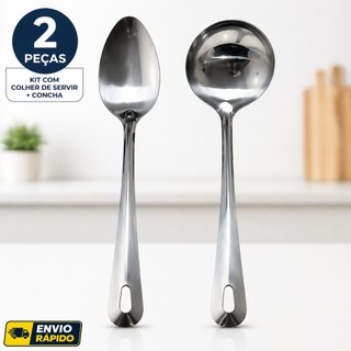 Colher de Servir Inox + Concha Inox Resistente Cozinha Feijão Arroz