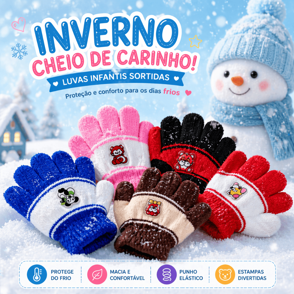 Kit 3 Luva Infantil Baby Pares De Luvas Infantil Sortido Menino e Menina Luvinhas de Inverno Infantil Sortidas