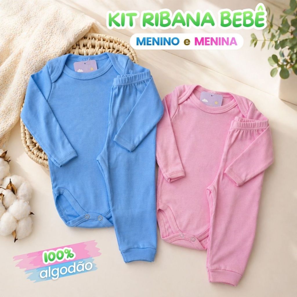 Conjunto de Body e Mijão Calça Bebê Infantil Menina e Menino de Ribana Sortida do RN ao G Qualidade