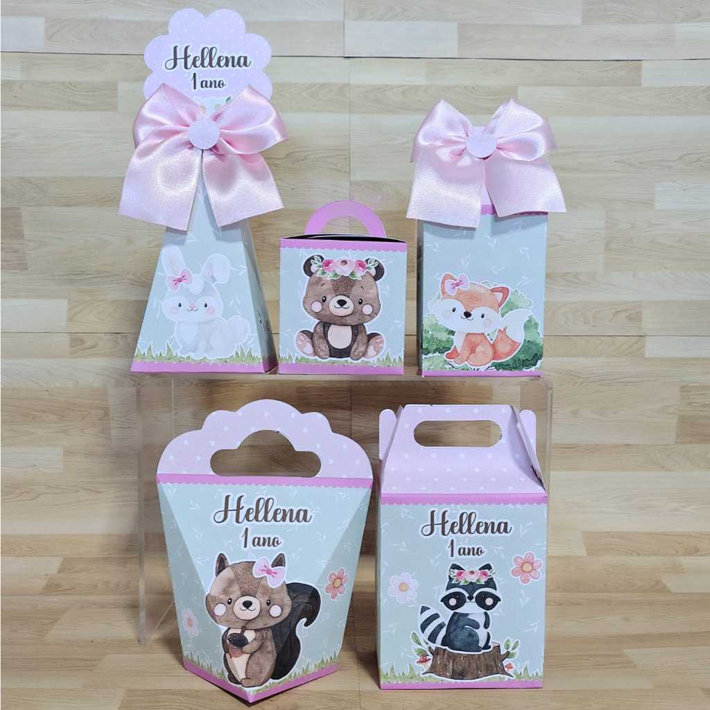 Kit Caixinhas Personalizadas PEGUE E MONTE Bosque Encantado Aquarela Menina Caixas para Lembrancinhas de Aniversário