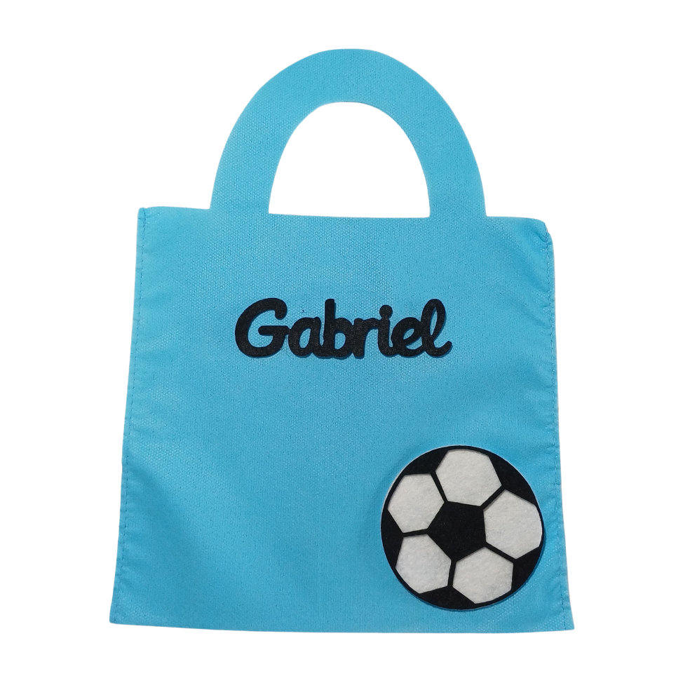 Sacolinhas Personalizadas TNT com nome criança Futebol azul claro lembrancinhas de festa de aniversario 22cmX22cm