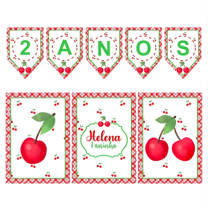 Kit Festa Cerejinha Personalizado Só Um Bolinho Mesversário Aniversário Infantil 3 Pôsteres 8 Bandeirolas
