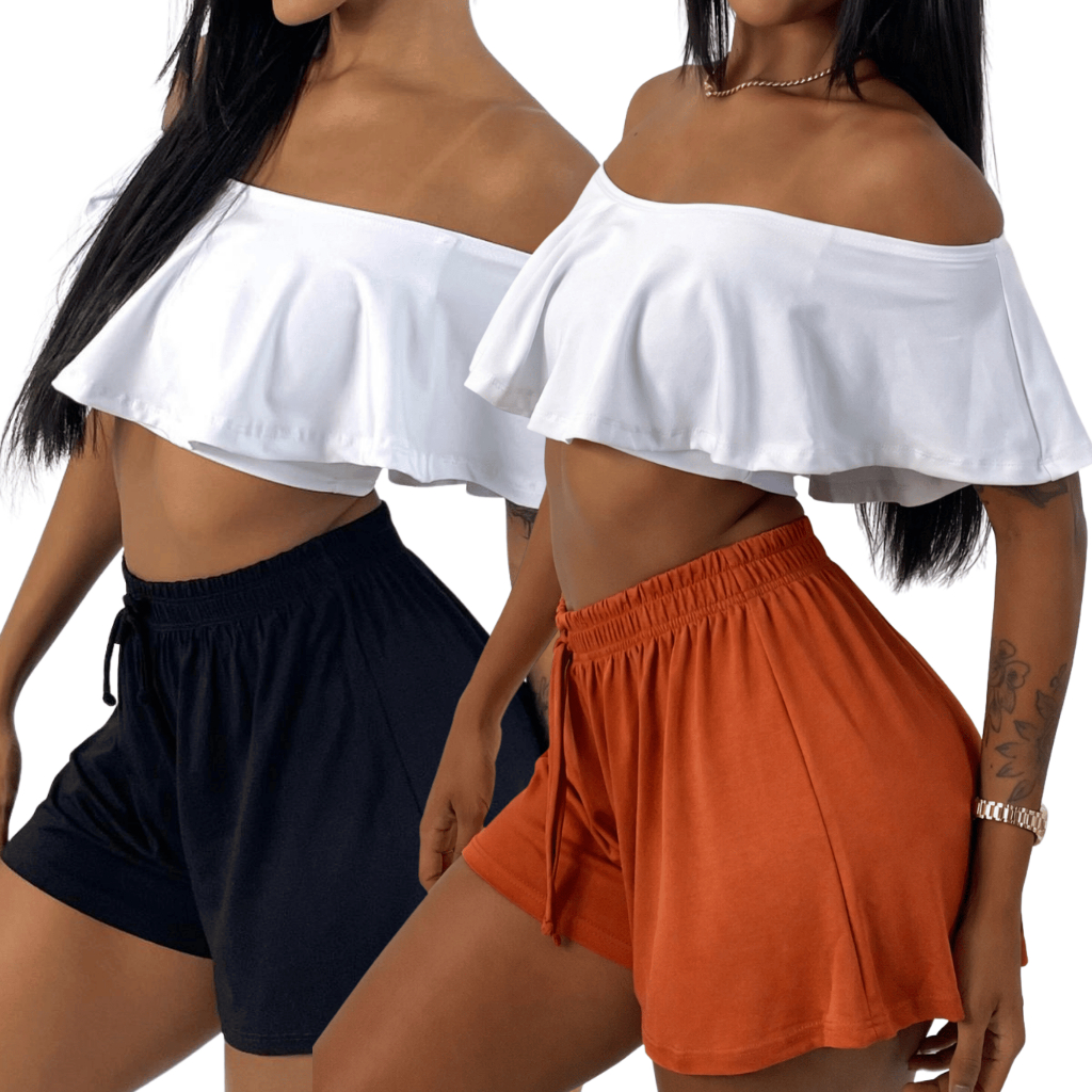 KIT 2: Short Feminino Soltinho com Cintura Alta e Laço em Malha Viscolycra Premium