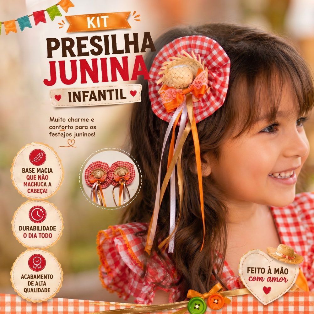 Kit Presilha Caipira Infantil Laranja Laço Cabelo Junino Chapéu