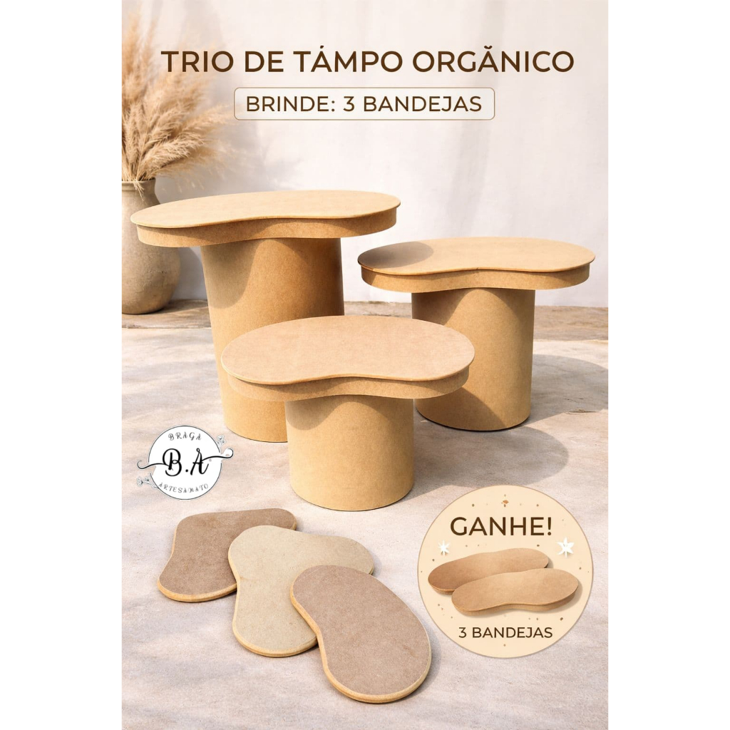 Tampo orgânico para cilindros mdf kit 3pc + Brinde bandejas