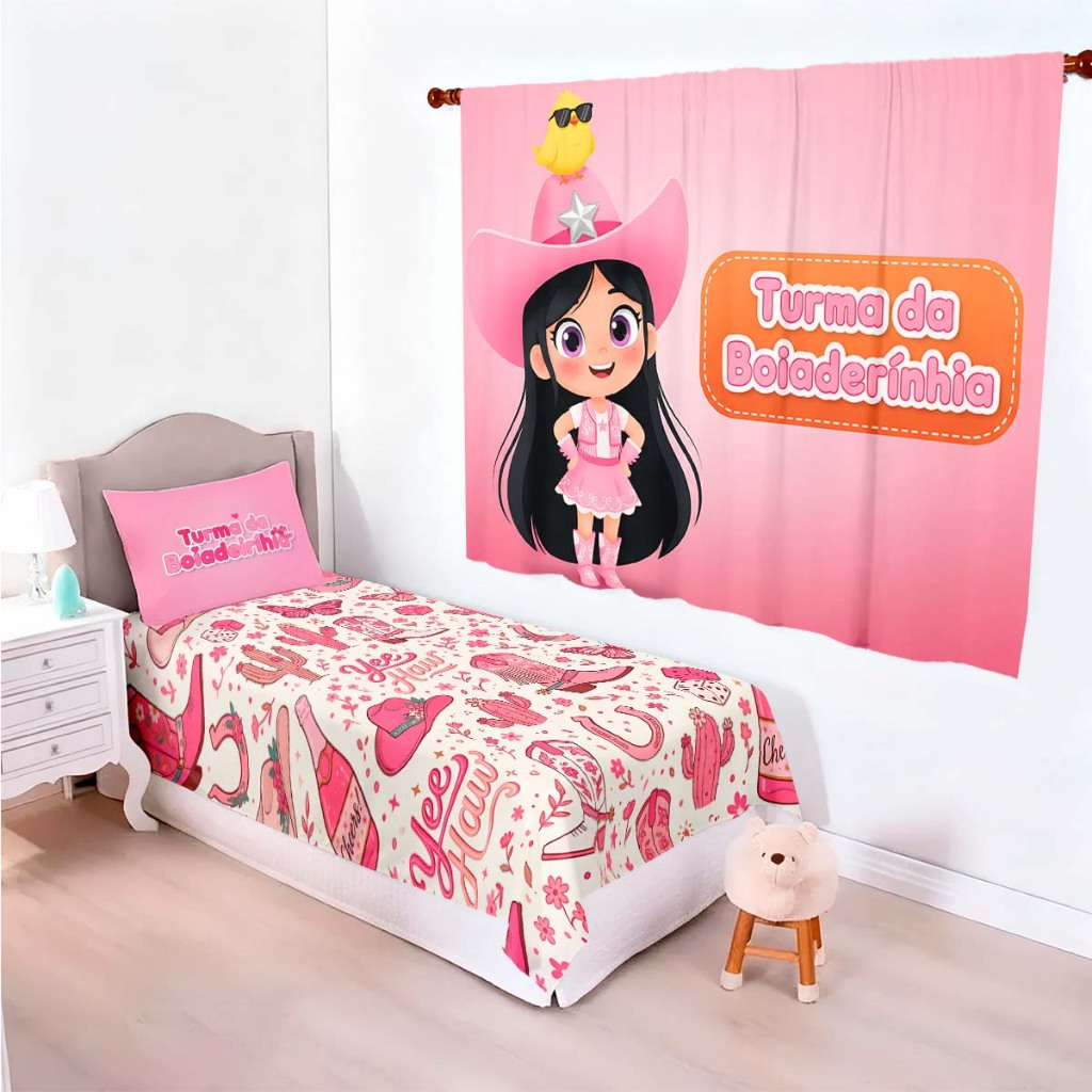 Kit Boiadeirinha Cortina Estampada + Fronha e Cobre Leito Enxoval Ana Castela Decoração Quarto Infantil Cowgirl