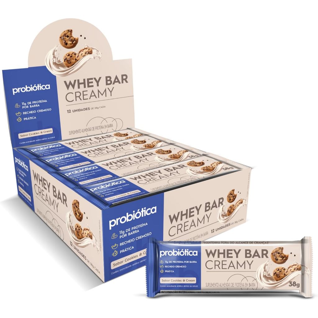 Barra de Proteína Whey Bar Creamy Cookies And Cream Probiótica com 12 unidades d