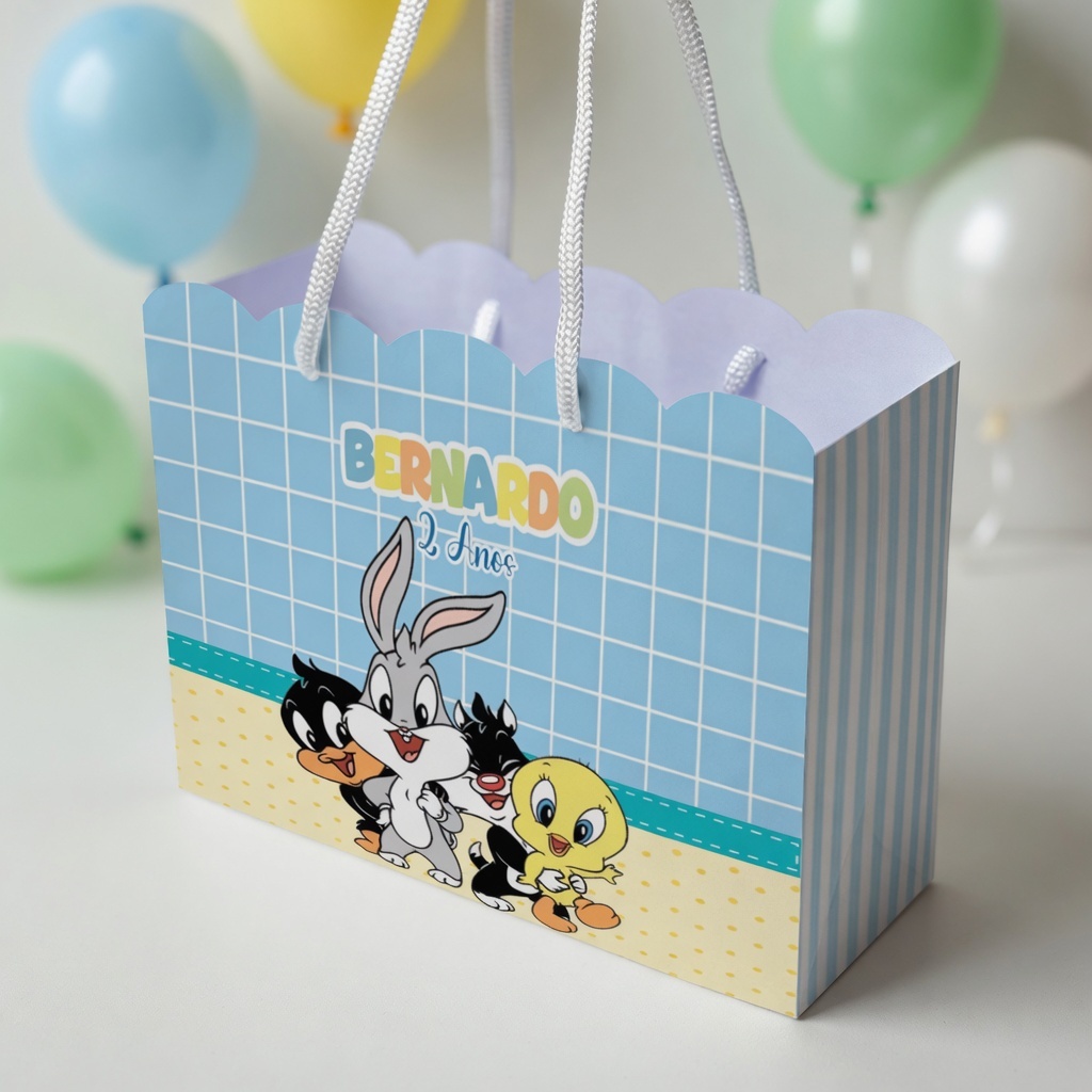 Sacola Personalizada Baby Looney Tunes | Sacolinha Personalizada | Kit com Alça e Pegue e Monte | Lembrancinha Festa