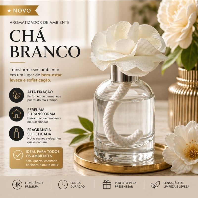 Aromatizador de ambiente/Difusor (flor de tecido-algodão ou organza) Chá branco 100ml perfume para casa, alta fixação.