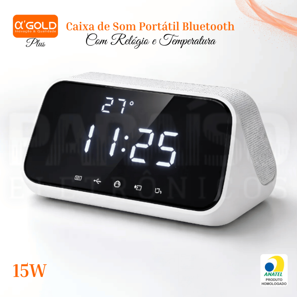 Caixa de Som Bluetooth 15W com Relógio Digital Display LED Portátil Rádio FM USB - LANÇAMENTO