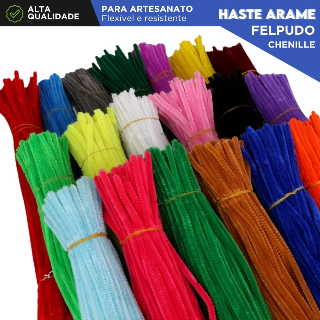 Haste Chenille 100 Unidades 30cm Colorido Limpador de Cachimbo Arame Felpudo Artesanato Escolar - CH