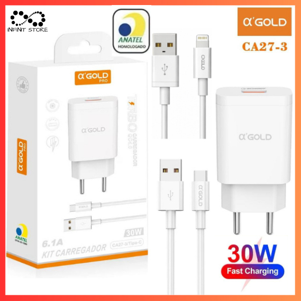 Kit Carregador Fonte + Cabo 30W Entrada USB + Tipo-C/USB + Lightning Para iPhone e Android