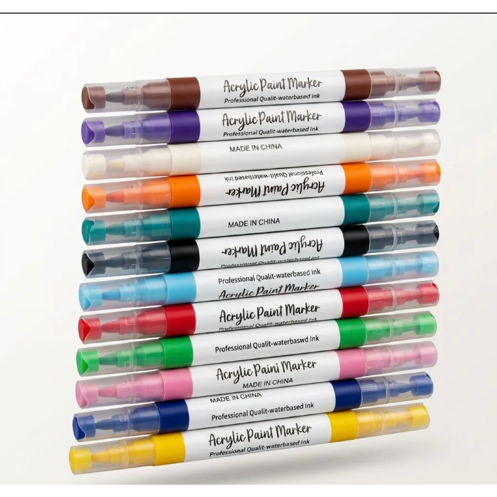 Kit 12 Canetas Marcador Acrílico Permanente Dupla Ponta 1-5mm Tinta Acrílica Colorida Para Madeira Vidro Cerâmica