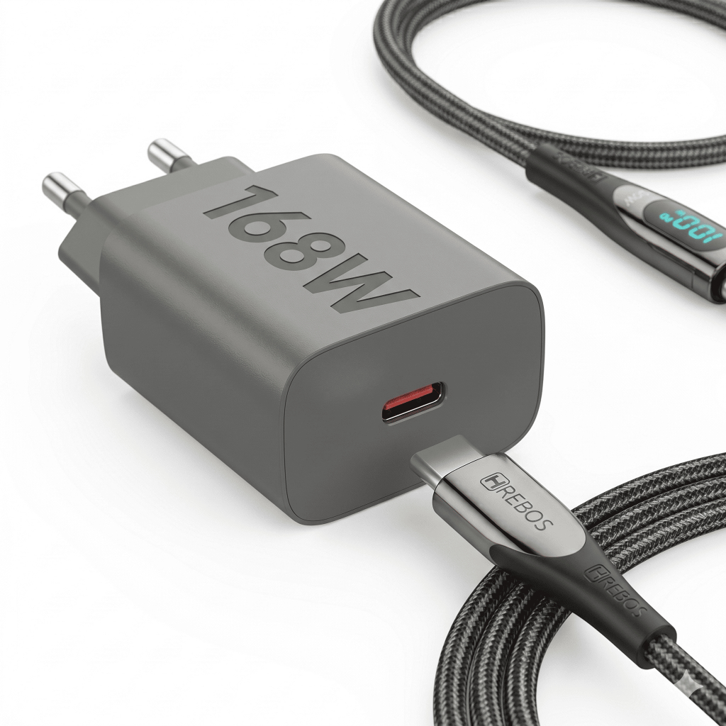 Cabo Turbo USB-C 100W Display Digital + Brinde Carregador 168W Ultra Rápido Tipo C
