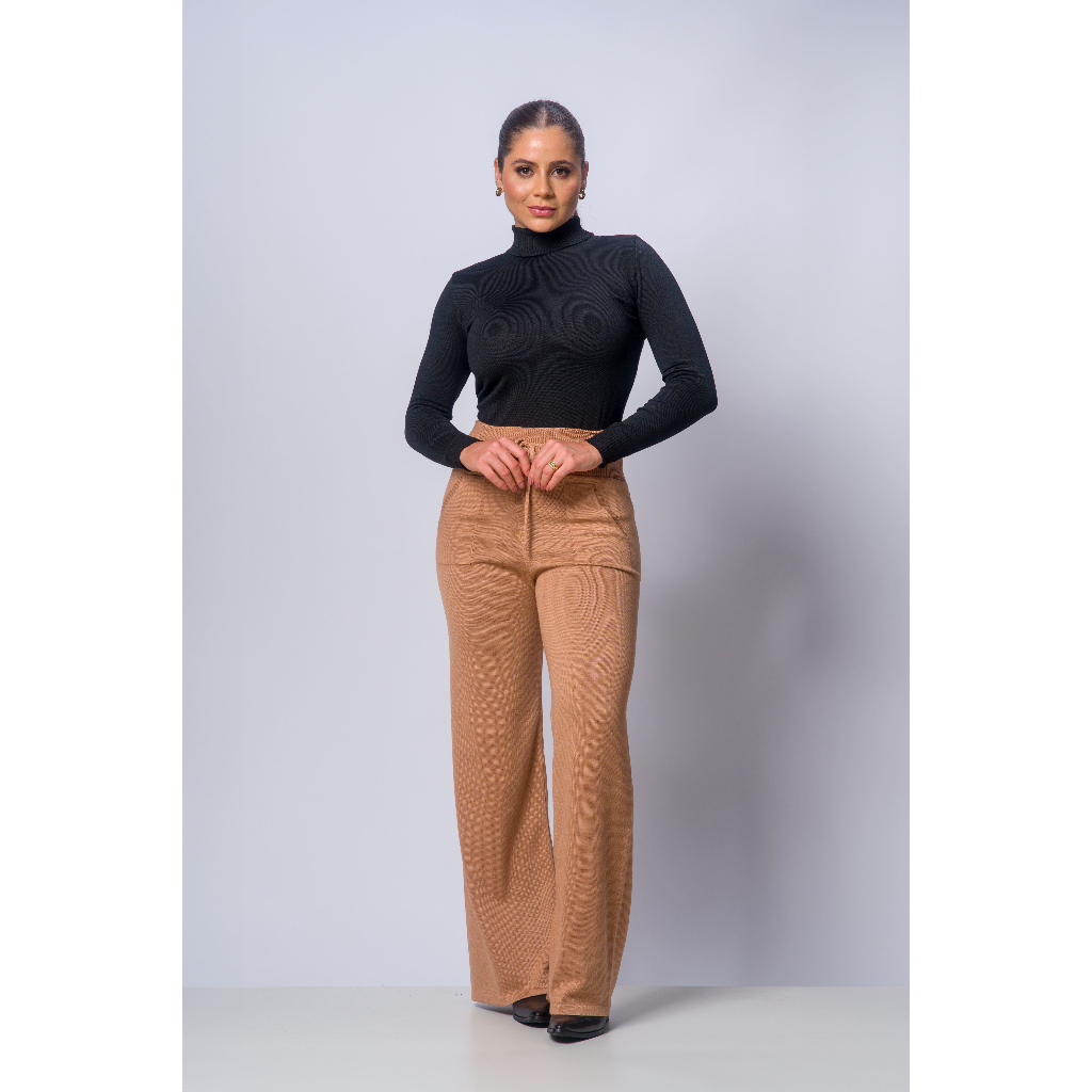 Calça Feminina Pantalona Tricot Wide Leg Conforto Estilosa