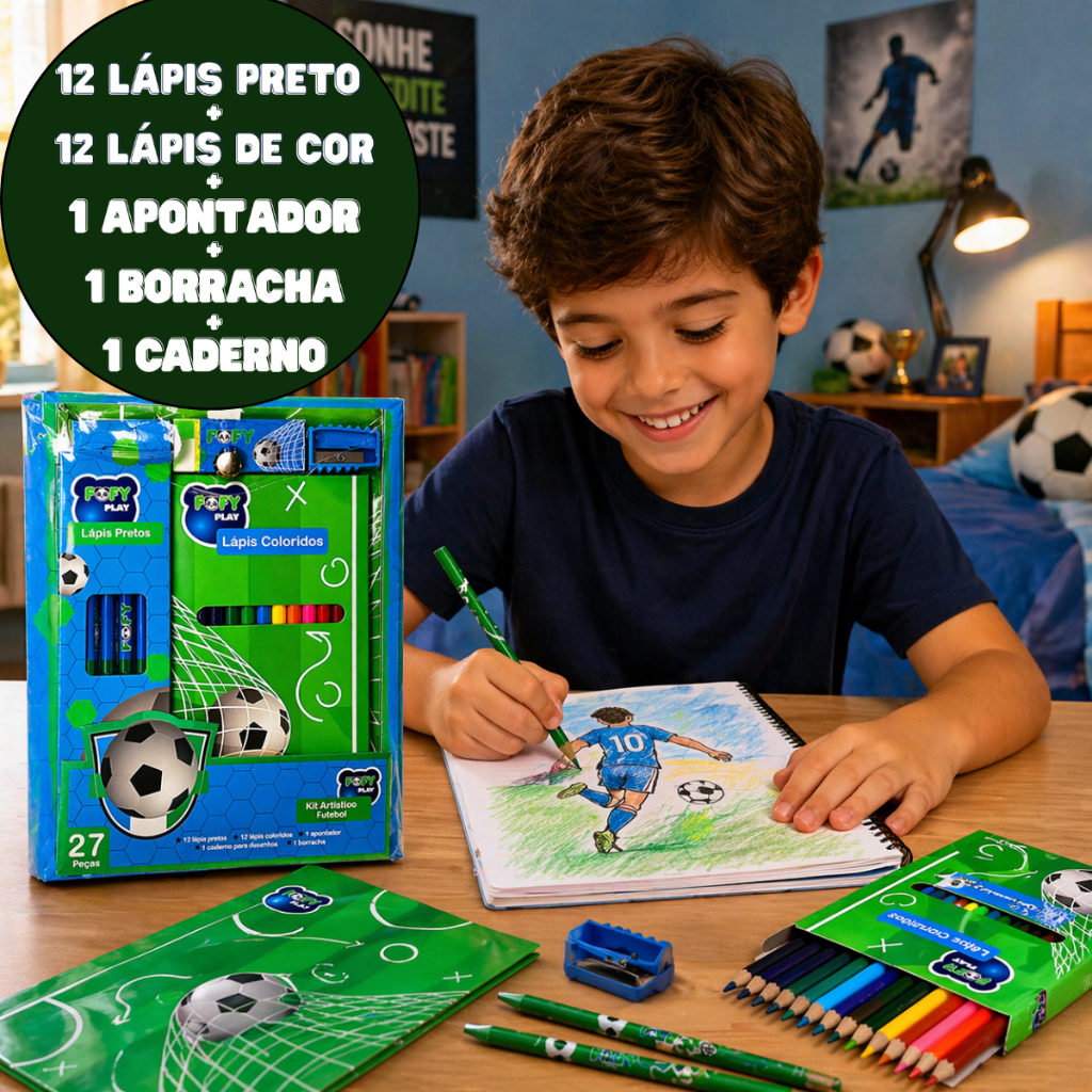 Kit de Desenho Pintura Infantil 27 Peças Futebol Copa Brasil Desenho Material Escolar Presente