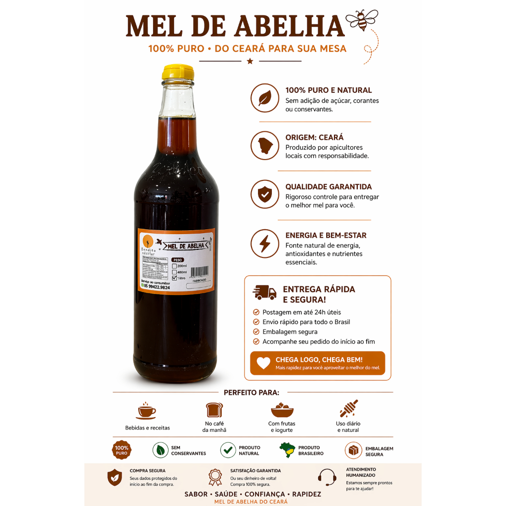 Detalhes do MEL DE ABELHA 1 litro 100% PURO - PRODUTO ARTESANAL FABRICAÇÃO PRÓPRIA DIRETO DO CEARÁ