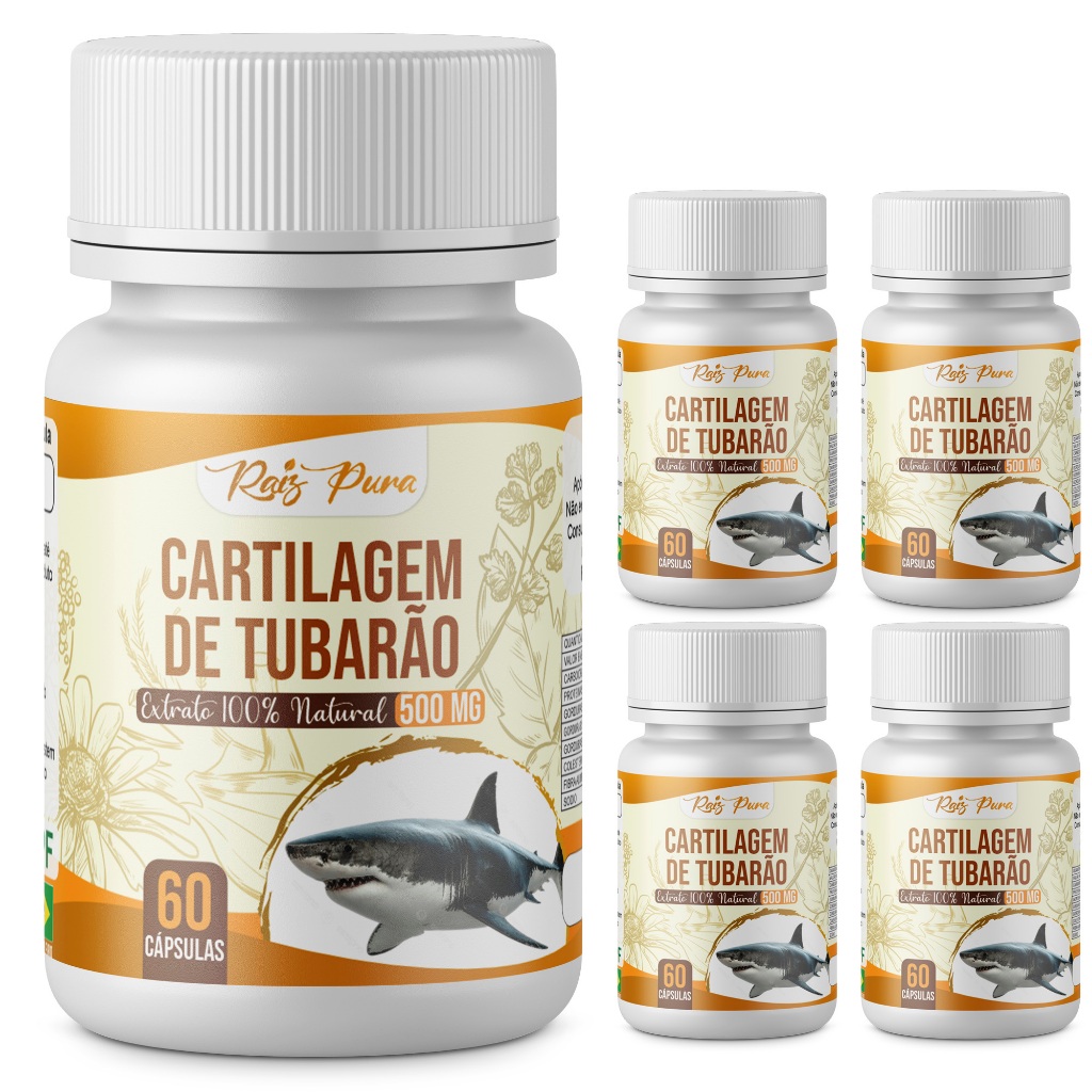 Kit 5 Unid - Cartilagem de Tubarão | Rico em Colágeno, Cálcio e Fósforo | 500 Mg - 60 cápsulas