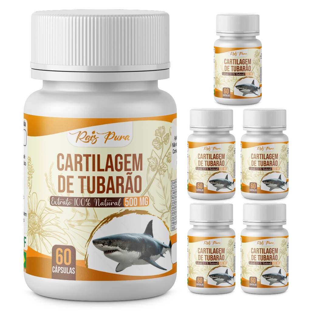 Kit 6 Unid - Cartilagem de Tubarão | Rico em Colágeno, Cálcio e Fósforo | 500 Mg - 60 cápsulas