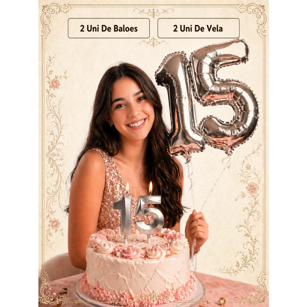 🎉 Kit Festa 2 Balões Número 16 Pol Prata + 2 Velas Prata Decoração Aniversário Mesversário Festa 🎈