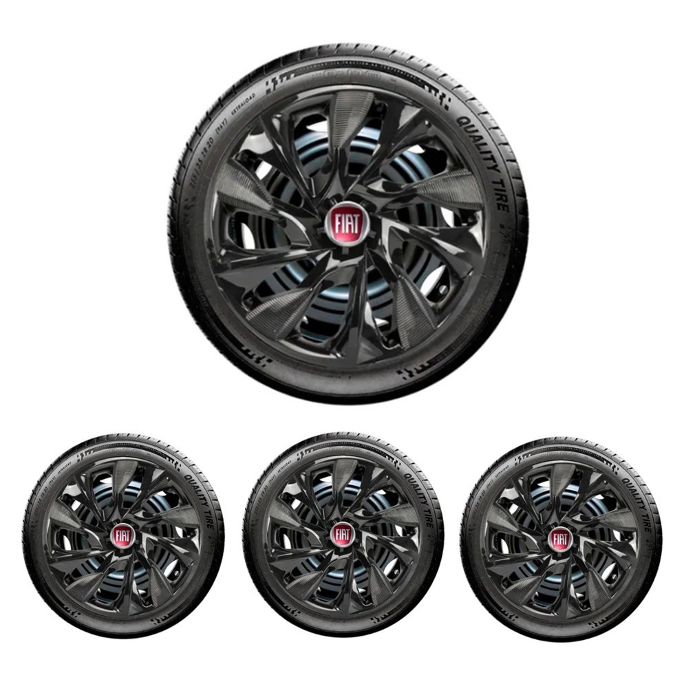 Kit 4 Calota Esportiva Aro Aro 15 DS4 Preto Brilhante Serve em Fiat Uno Palio Siena Strada Weekend Tipo Punto