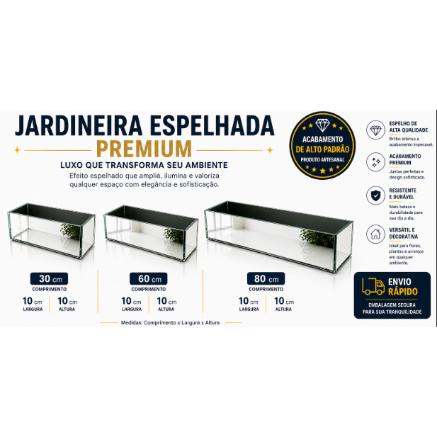 Jardineira Espelhada vaso cachepot 40, 60 e 80 cm | Cachepot Retangular Espelho Luxo Centro de Mesa Decoração Festa