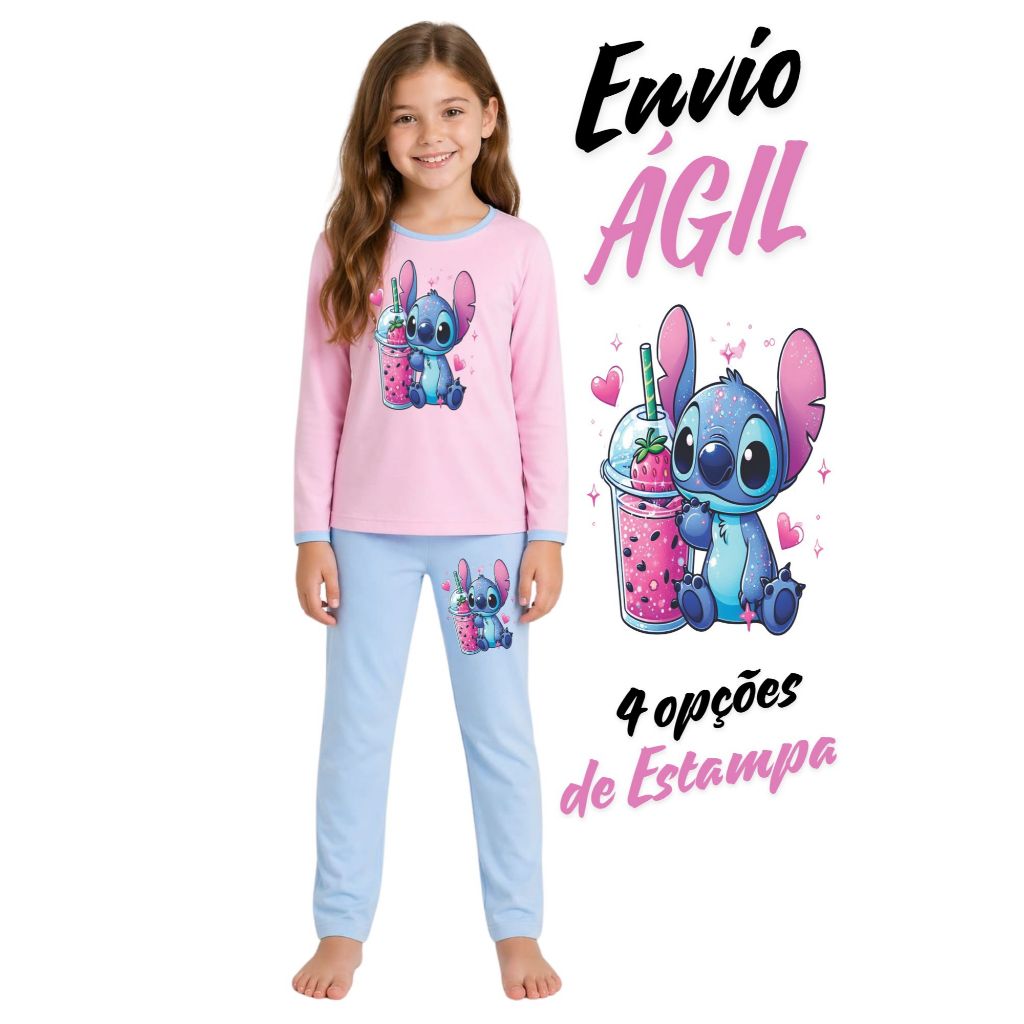 Pijama Longo infantil Feminino Estampado Personagem Barato Premium Inverno Frio Outono