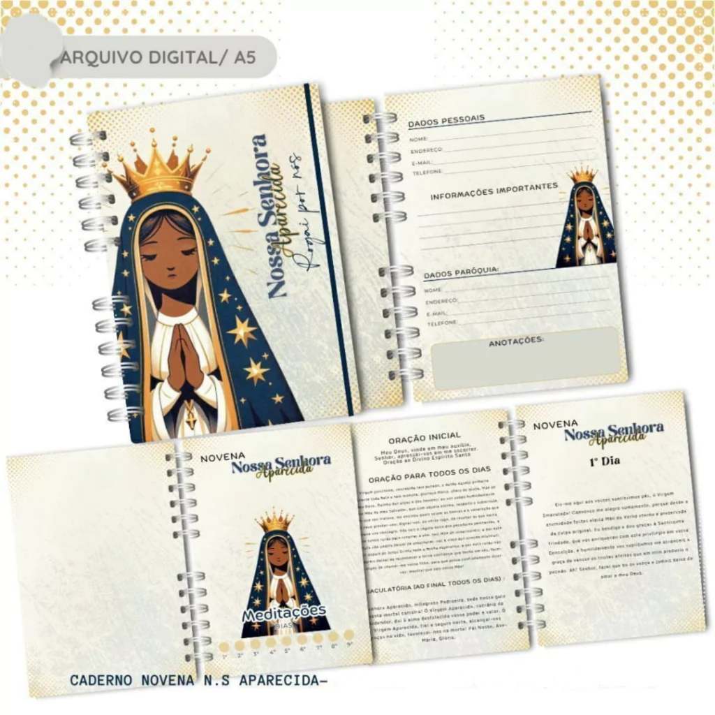 Caderno Nossa Senhora Aparecida, orações e novena,  folhas pautadas, capa Dura.