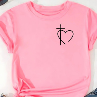T-shirt Coração Cruz Gospel Camiseta Feminina Blusa 100% Algodão Premium Cristã elegante Casual