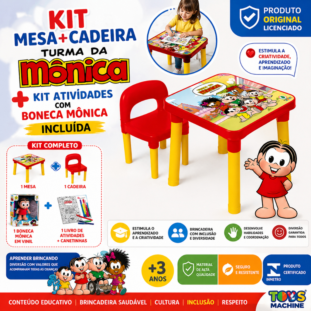 Kit Mesa Infantil + Cadeira Turma Mônica + Boneca C/Kit Atividades Educativo Original Licenciado