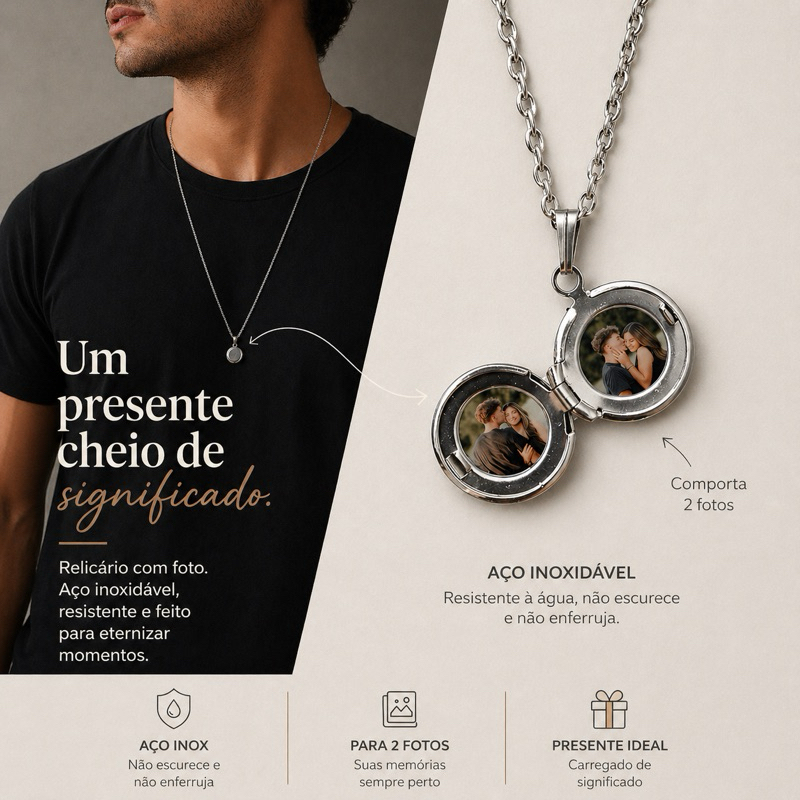 Colar Relicário Corrente Masculino com Foto Presente, Namorado, Casal em Oferta na Shopee
