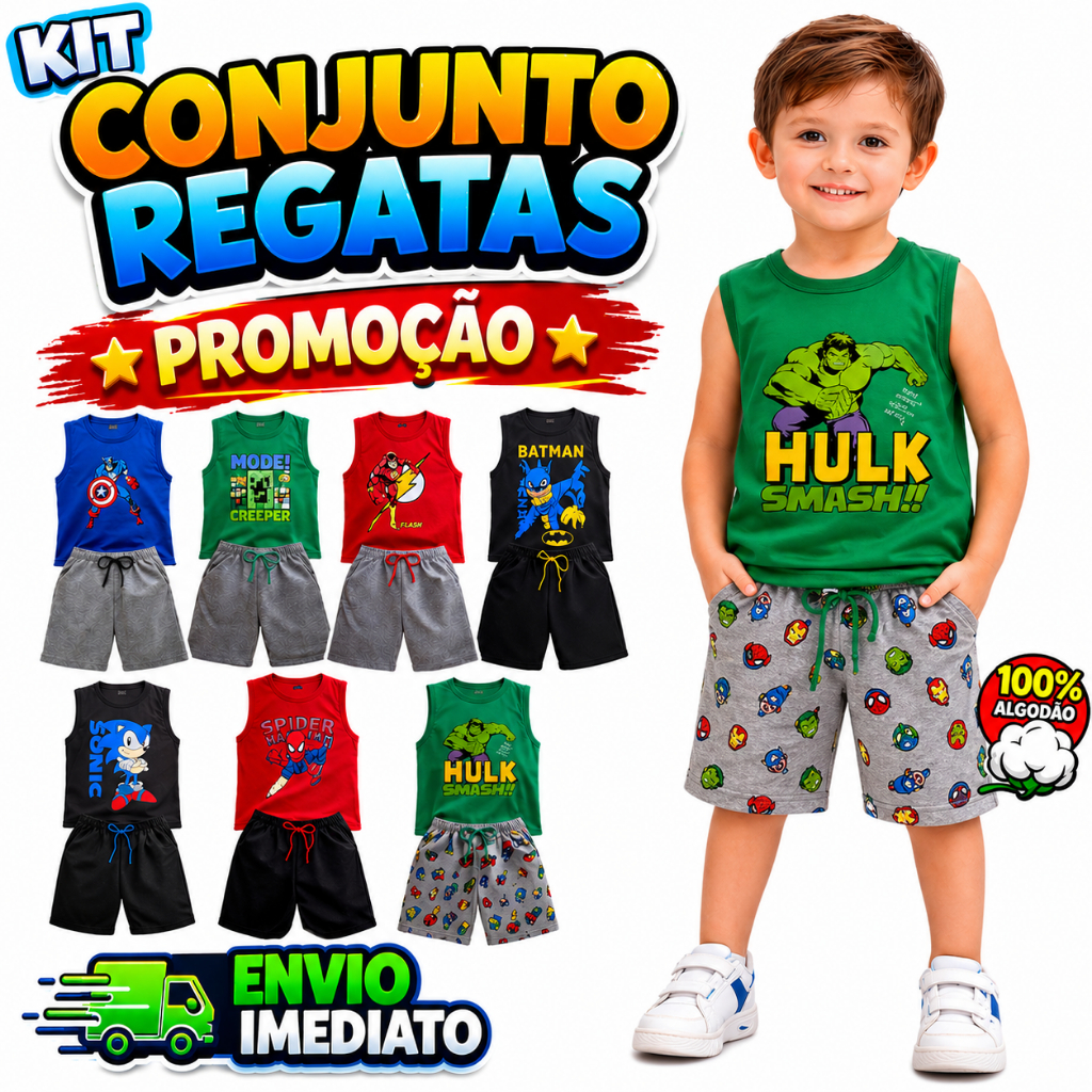 Kit Combo 8 Peças Super Heróis Conjunto Regatas Infantil Menino.