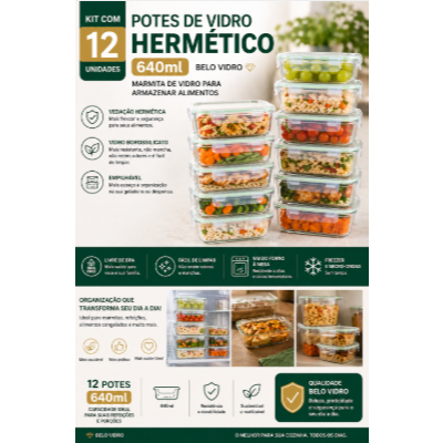 12 Potes de Vidro Hermético 640ml Belo Vidro – Marmita de Vidro para Armazenar Alimentos