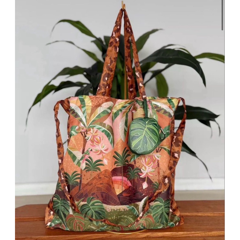 Bolsa Com 2 Alça + Chaveiro Porta Moeda Folha Farm Rio 1 Unidade Tactel 41cm x 7cm x 21cm