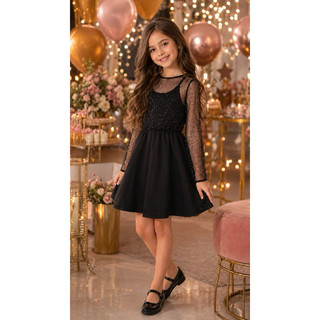 Vestido (8-10 anos) Feminino Tule Transparente Brilho Manga Longa Preto Elegante Festa