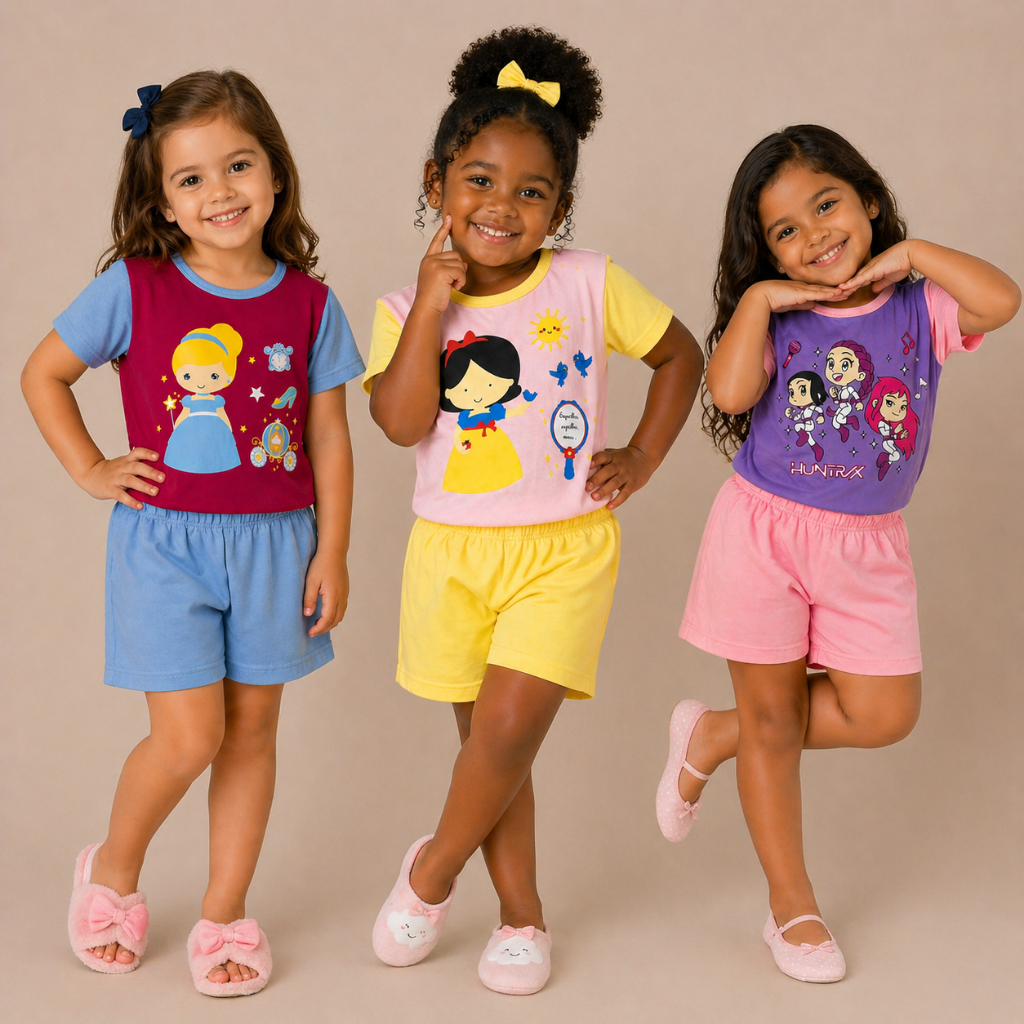 Pijama Infantil Menina Conjunto Baby Doll de Algodão, Short e Blusa Sortidos