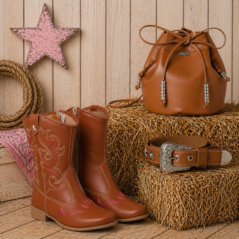 Kit Bota Texana + Cinto + Bolsa Country Menina Para Festa Junina Sítio Rodeios Estilosos Confortável E Macio