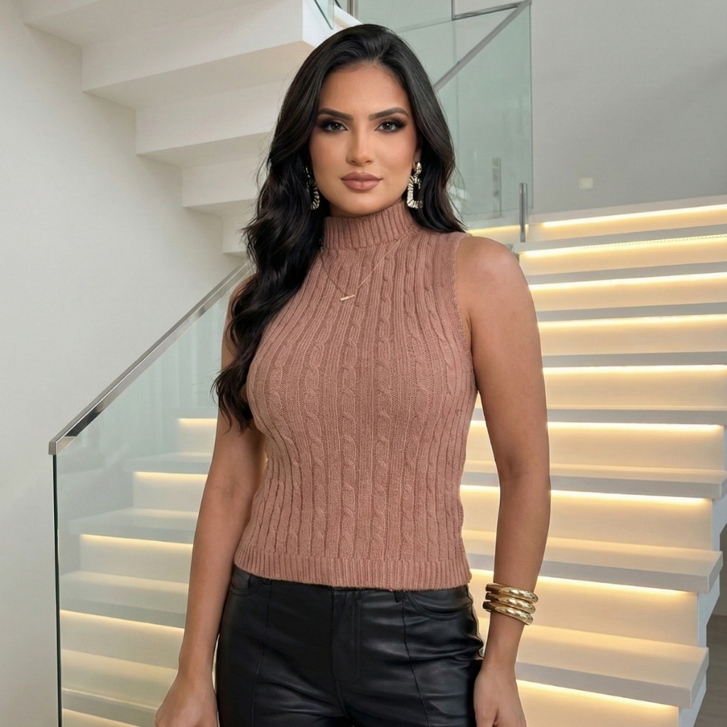 Blusa Regata Feminina Tricô Sem Manga Trancinhas Gola Alta Casual Elegante Social Dia a Dia