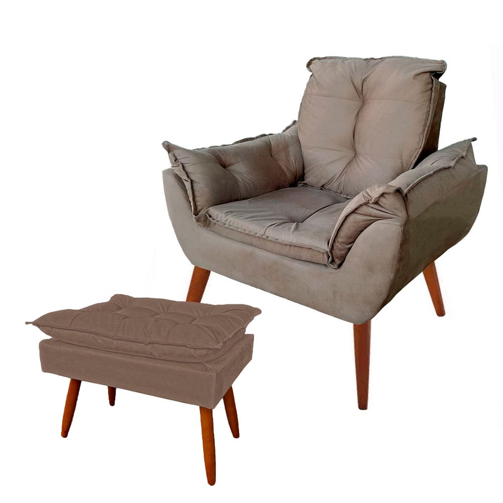 Kit Poltrona Decorativa Confortável + Puff Opalla Para Amamentação Salão de Beleza Suede Capuccino Cacau