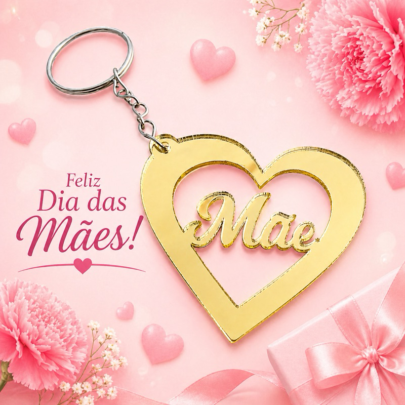 Kit Chaveiro Personalizado Mãe Acrílico Espelhado Dourado ou Rose Presente Lembrancinha Dia das Mães