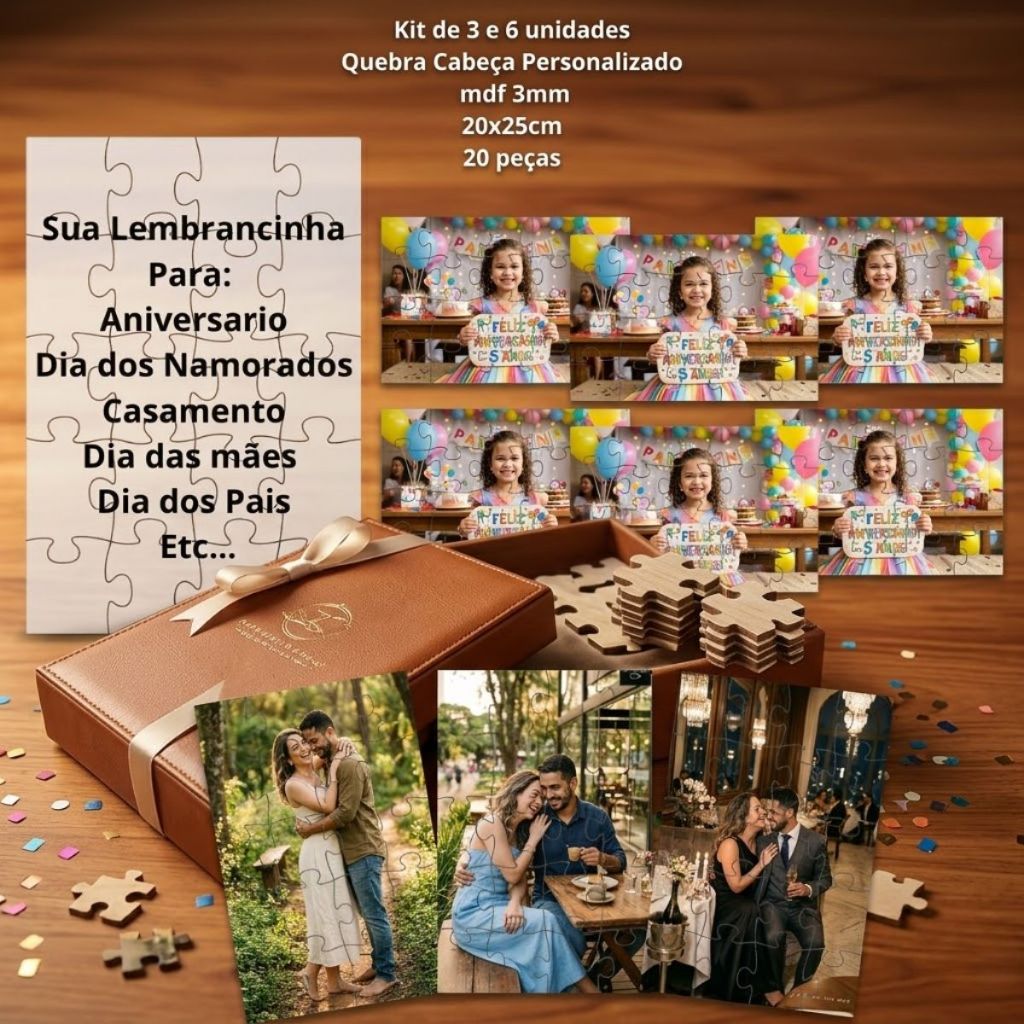 Kit 6 Quebra Cabeça Personalizado 20 peças em Mdf Grande 20x25cm Aniversario de Criança Lembrancinha