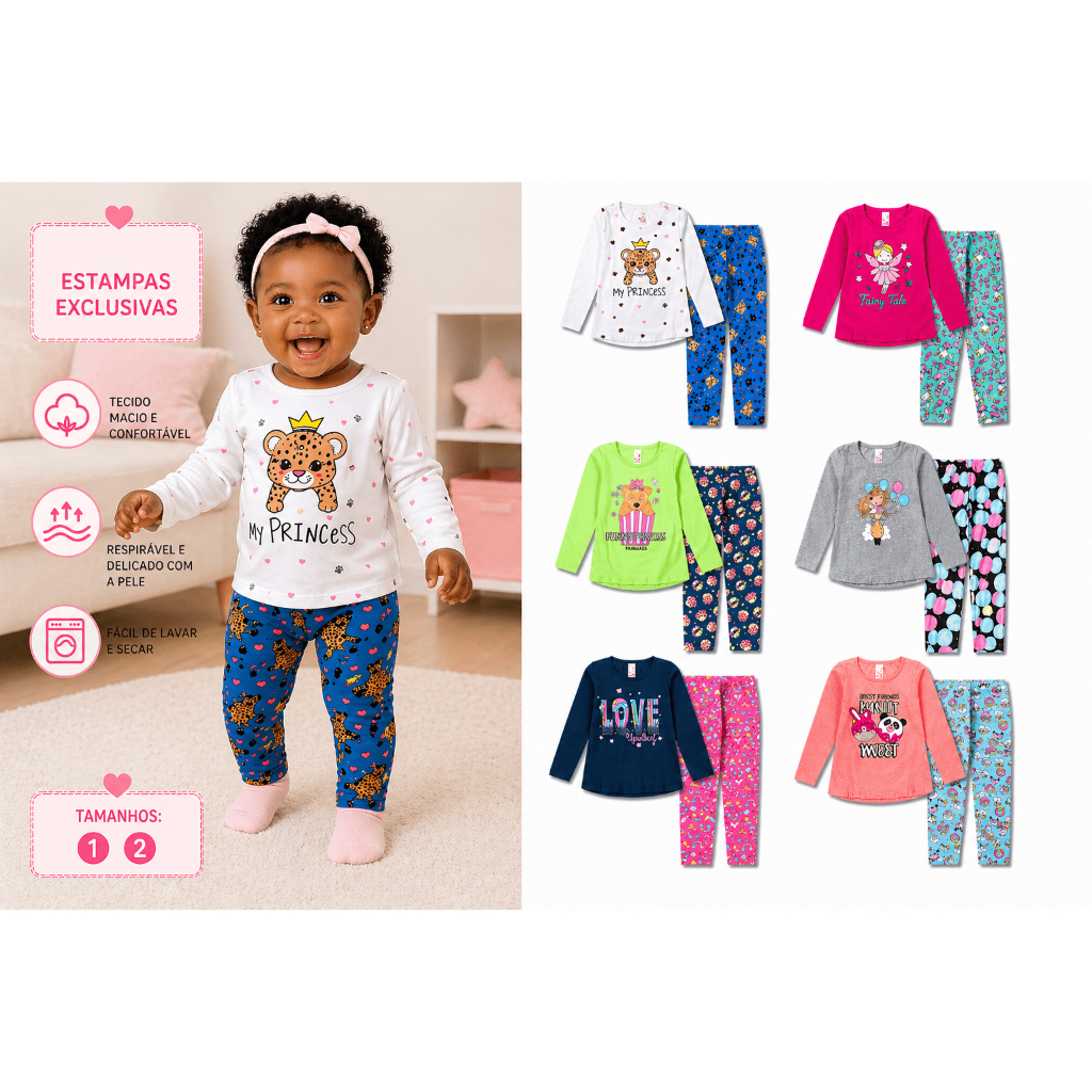 Kit 4 ou 2 Peças Conjunto Bebê Menina Infantil Blusa e Legging Estampado Inverno 1 e 2 Anos