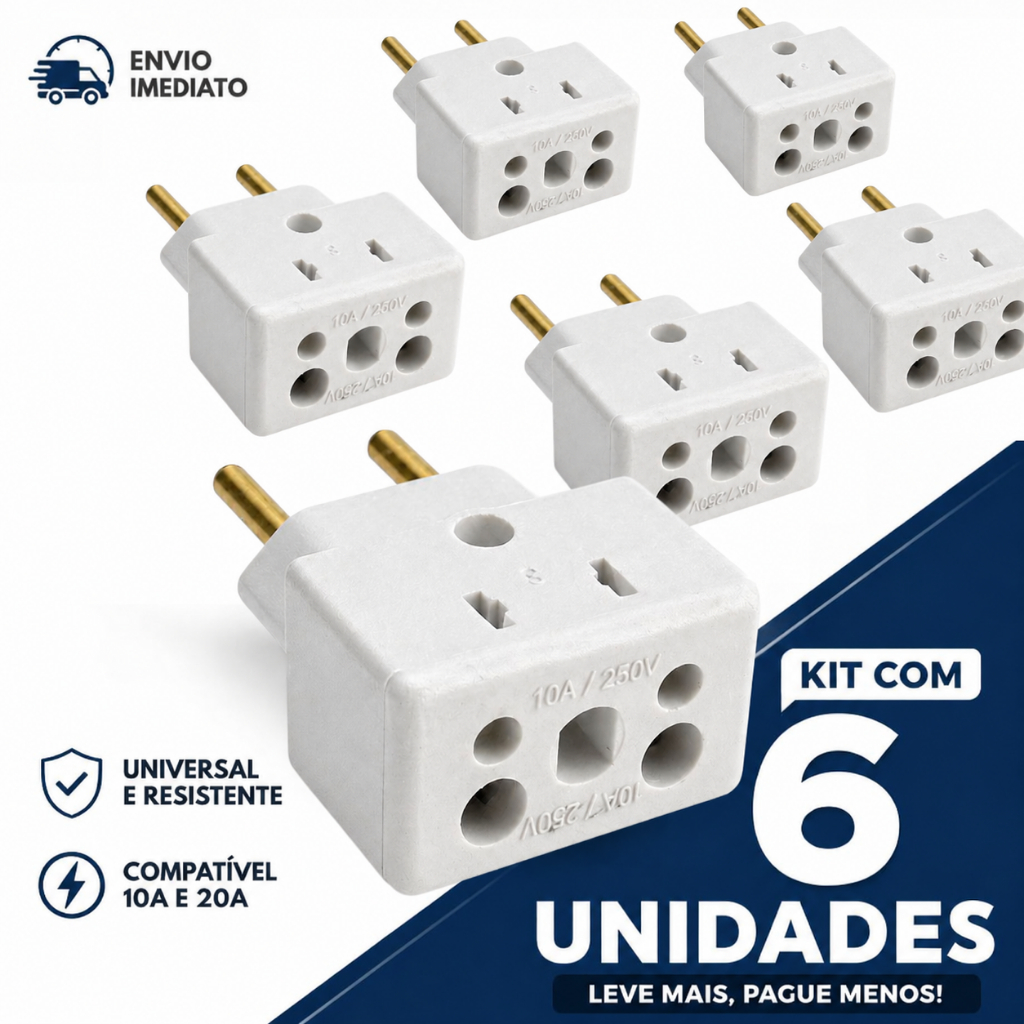 Adaptador Tomada Benjamin Bivolt 10A 20A Pino Maciço Porcelana Ultra Resistente 3 Entradas