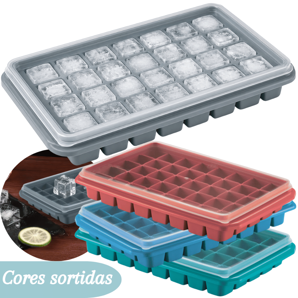 Forma Gelo 40 Cubos com Tampa Plástica Empilhável Não Retém Odor Congelar Água Cozinha