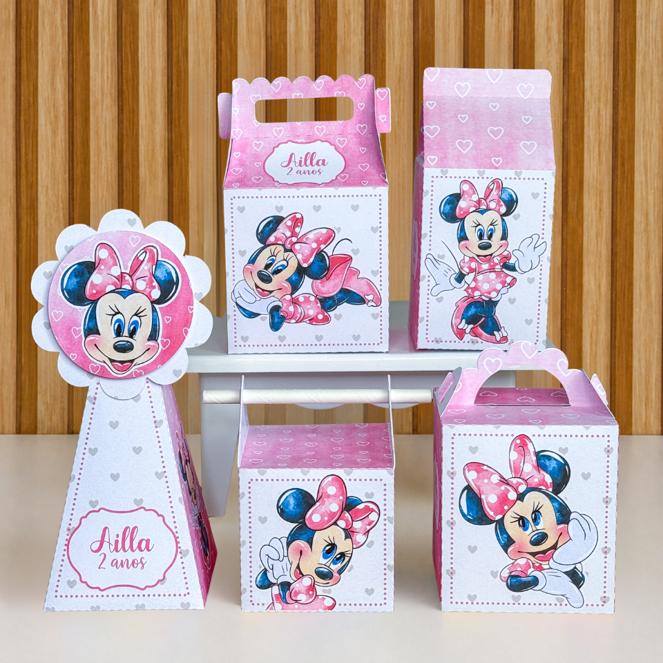 Kit Festa Caixinhas Personalizadas Minnie Rosa Desmontadas para Lembrancinhas Chá de Bebê
